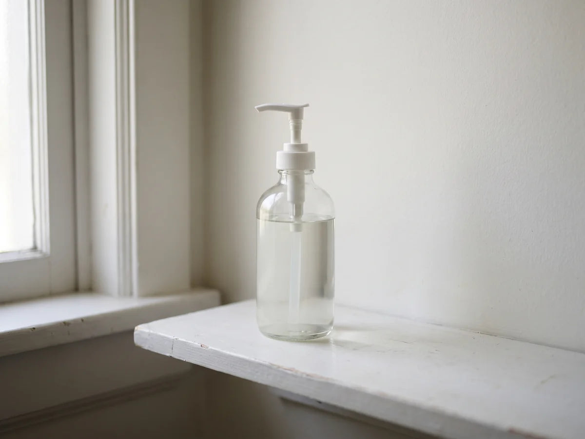 A single pump bottle of intimate wash on a bare bathroom windowsill