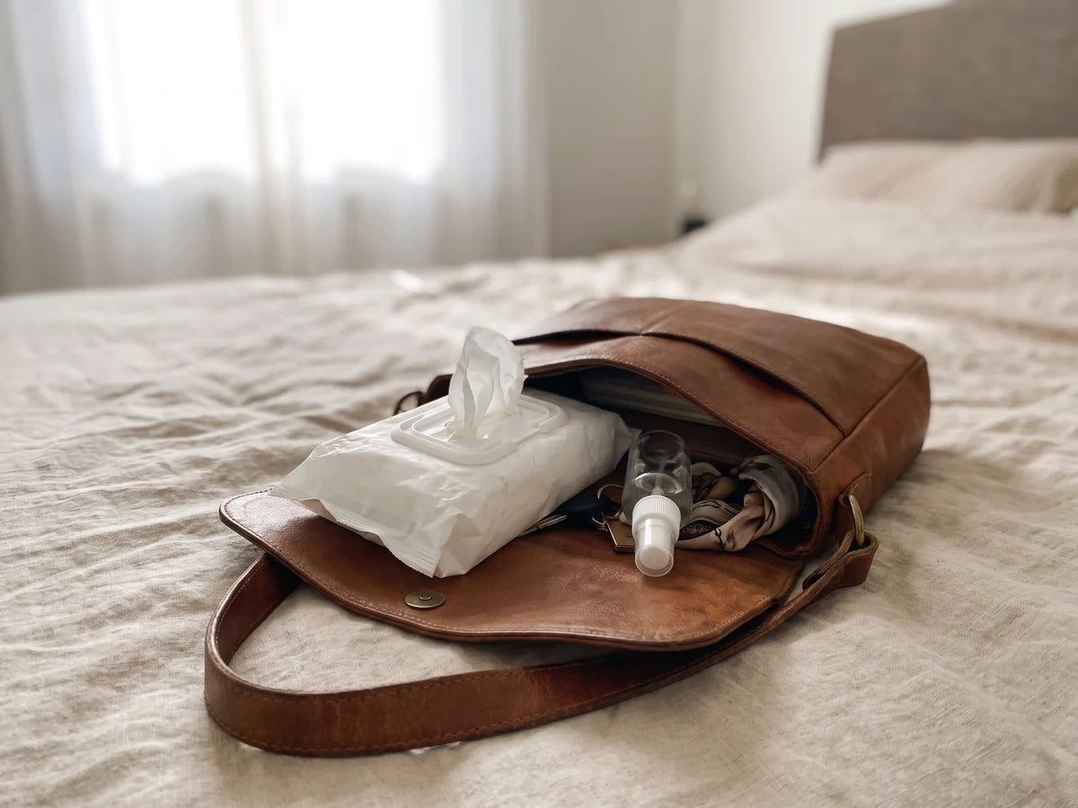 An open handbag on a bed with a packet of wipes tucked inside