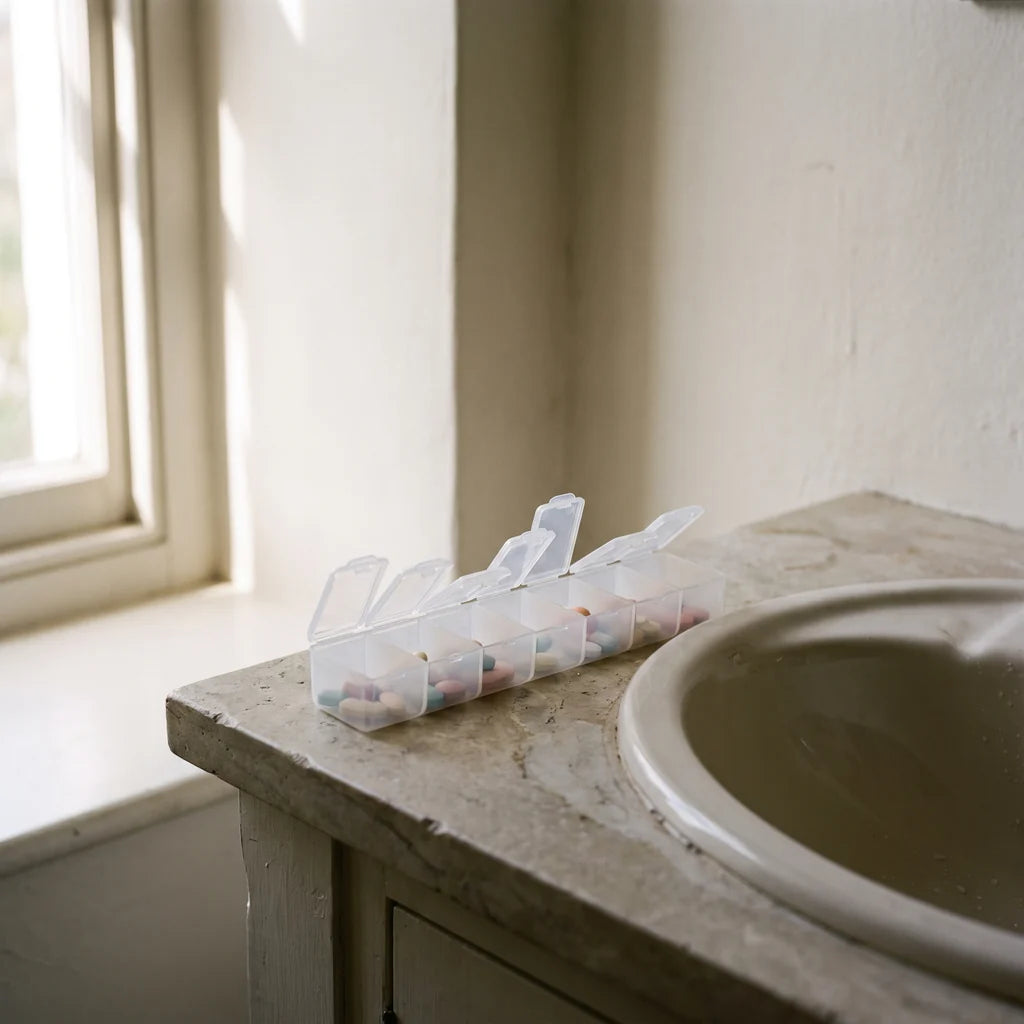 A seven-day pill organiser with its lids open on a bathroom counter beside the basin