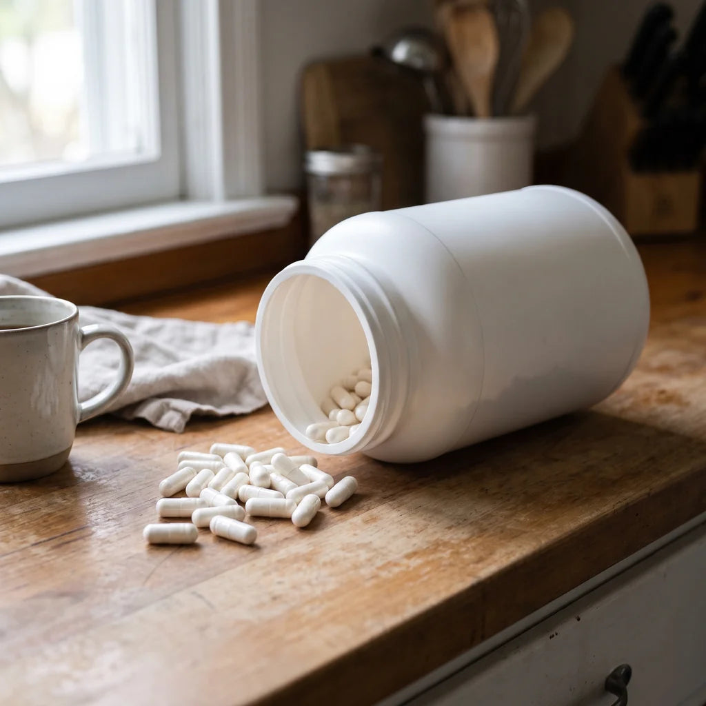 A white supplement bottle tipped over on a kitchen counter with capsules spilling out