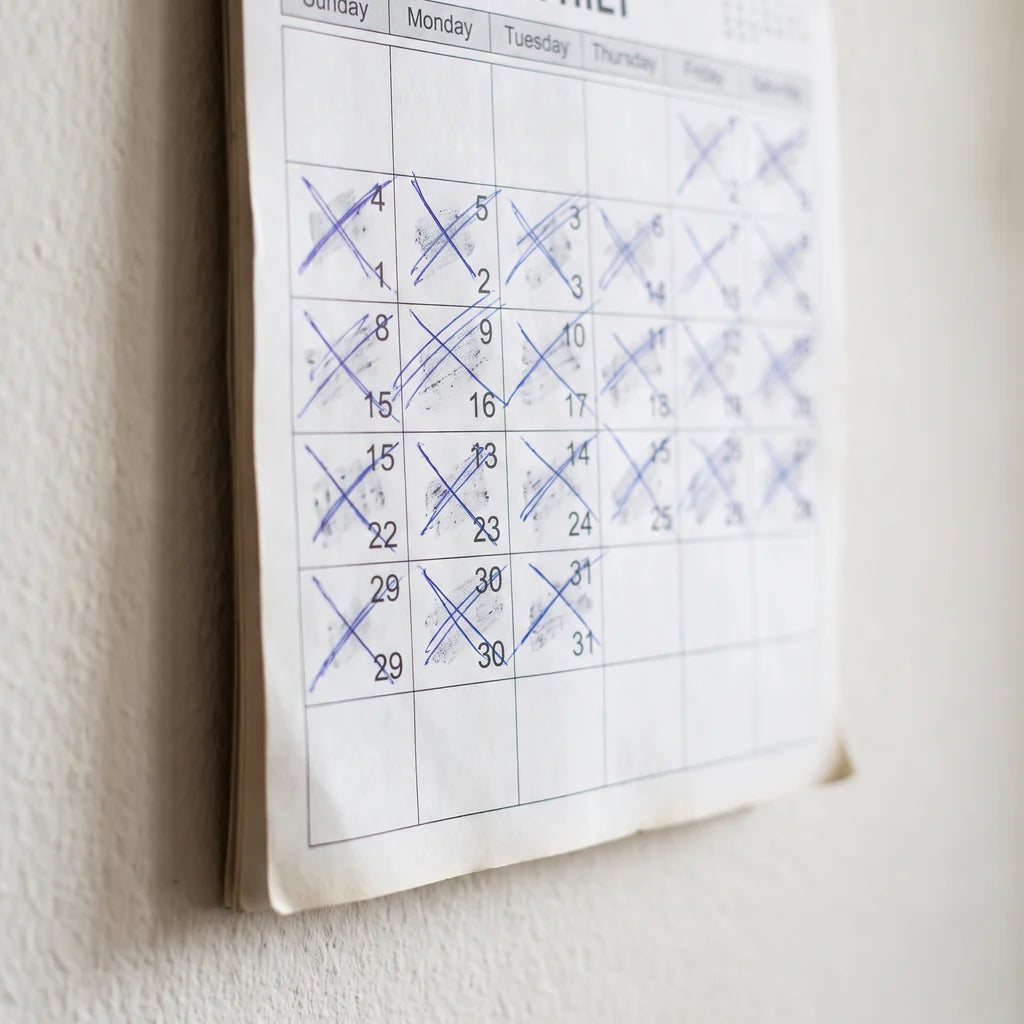 A paper wall calendar with a run of days crossed off