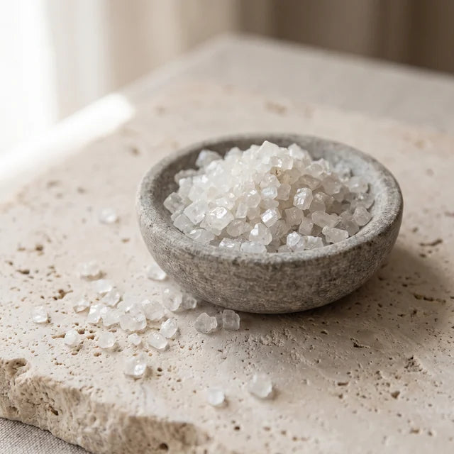 Bright white mineral crystals in a rough stone dish