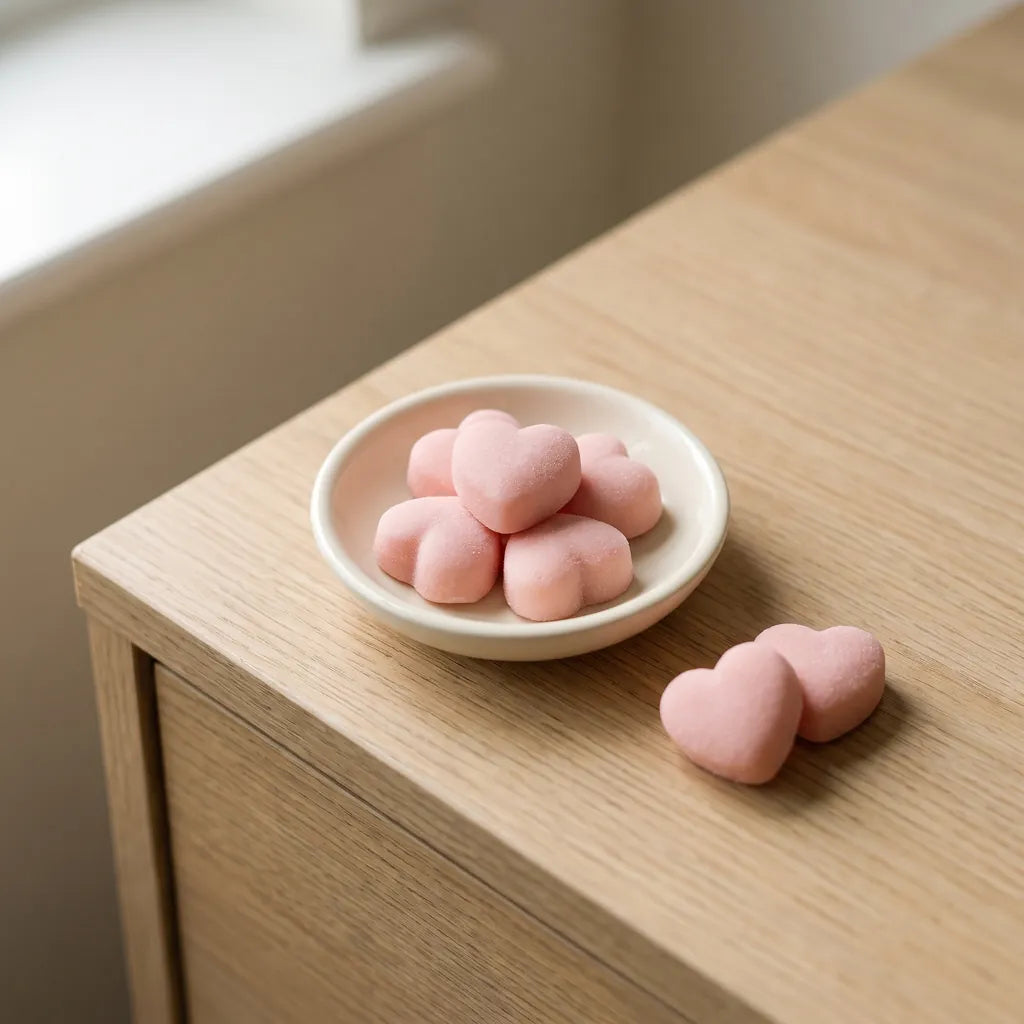 Pale pink heart shaped gummies in a small cream dish on an oak dresser