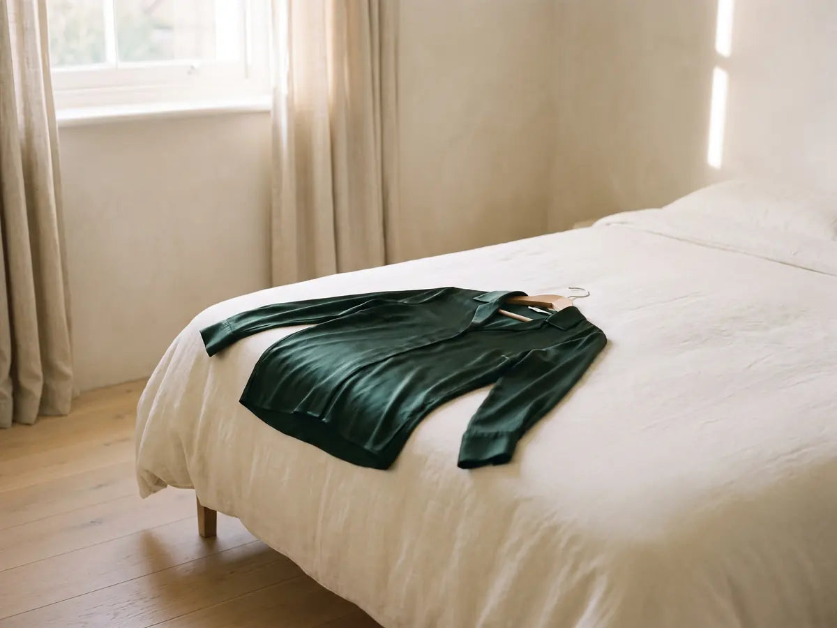 One dark green blouse laid out on a neatly made bed with an empty hanger