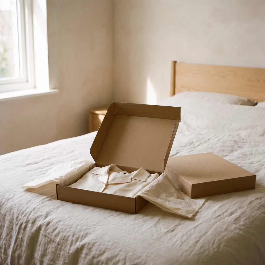 A new folded top in tissue paper inside an open box on a made bed