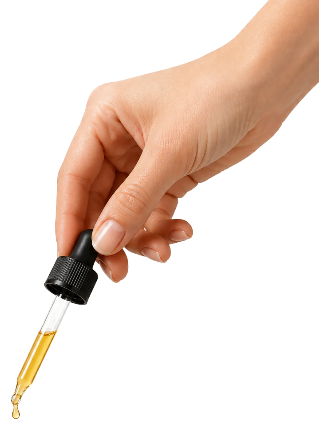 Hand holding FEM+ dropper with golden liquid