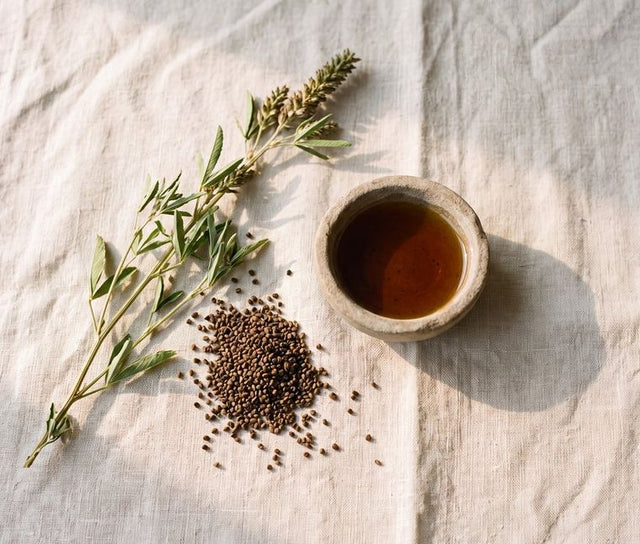 A babchi sprig with its seeds, beside a dish of amber oil