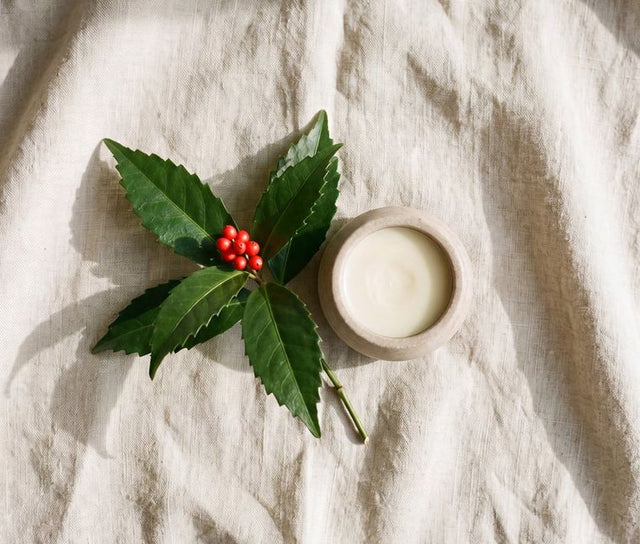 A sprig of Sarcandra glabra with red berries, beside a dish of balm