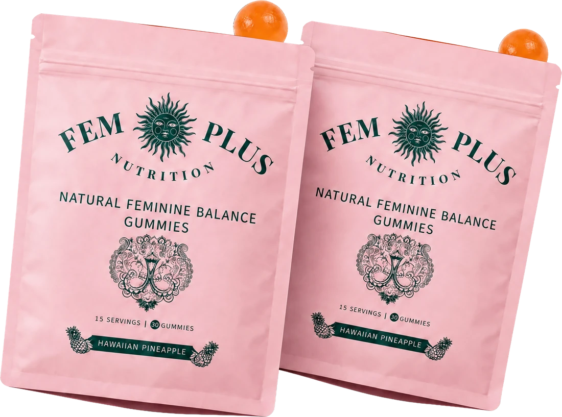 Two pouches of FEM+ Balance Gummies