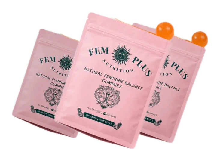 Three pouches of FEM+ Balance Gummies