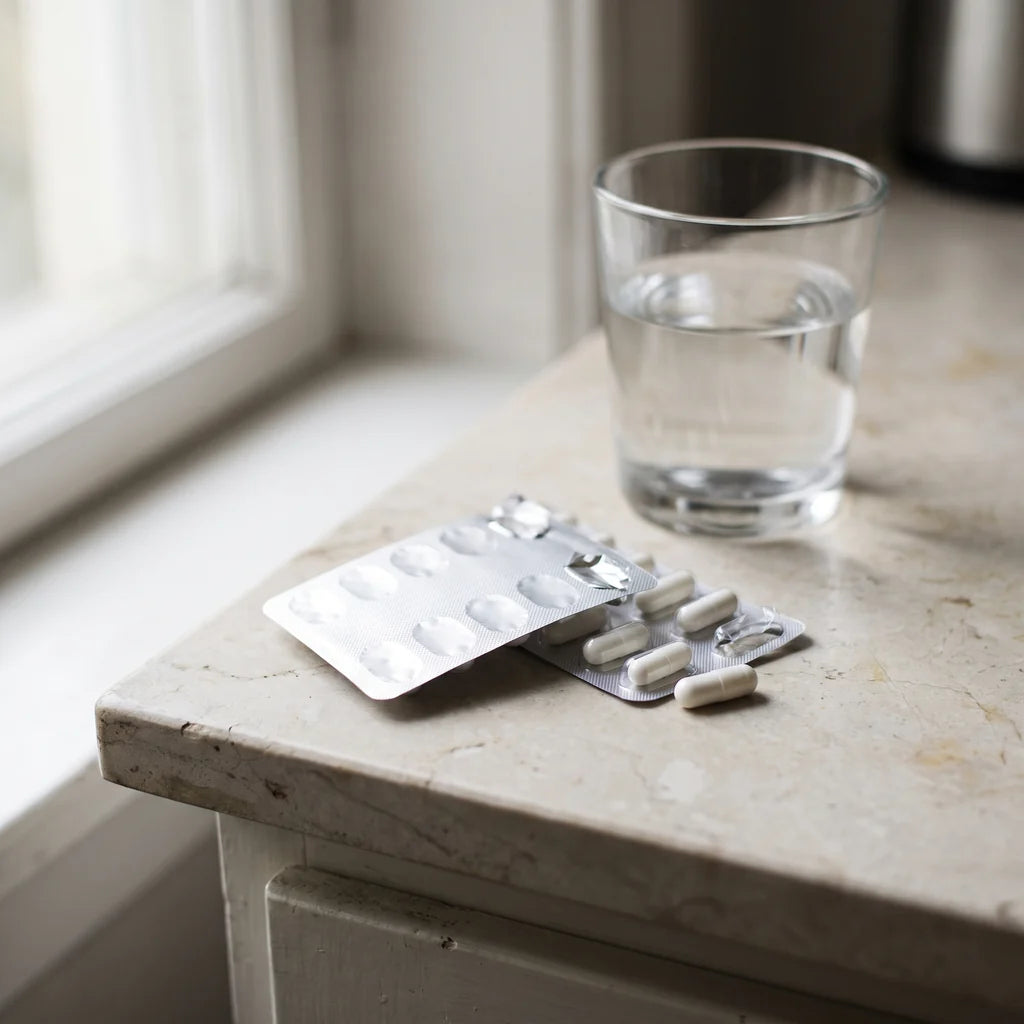 A blister pack of tablets and a glass of water on a table by a window
