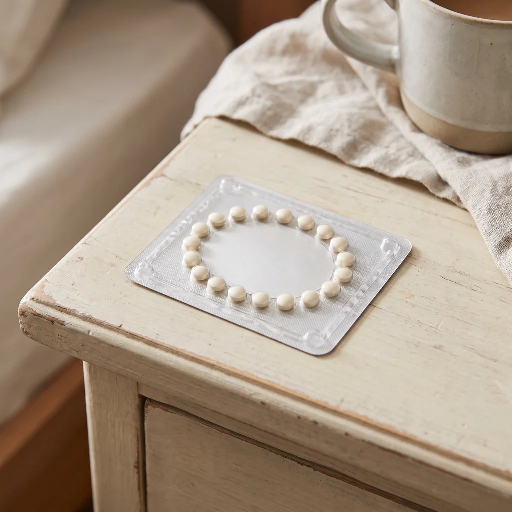 A contraceptive pill packet on a bedside table beside a mug