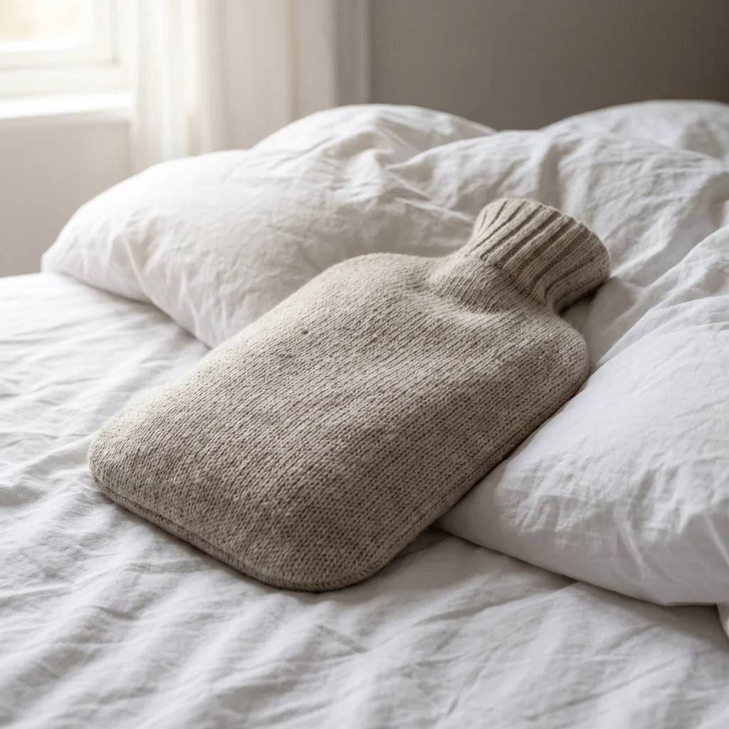 A knitted hot water bottle resting on a white duvet
