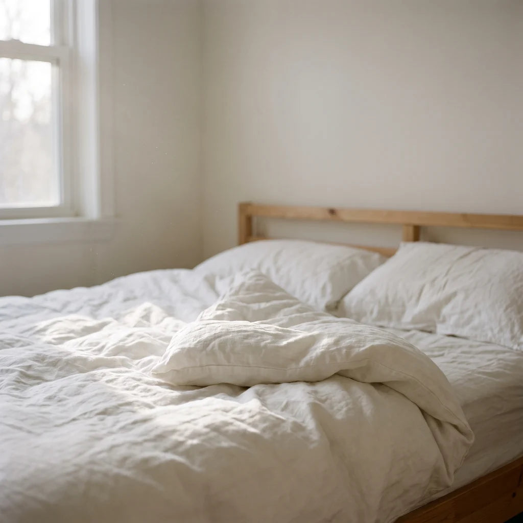 An unmade bed in morning light