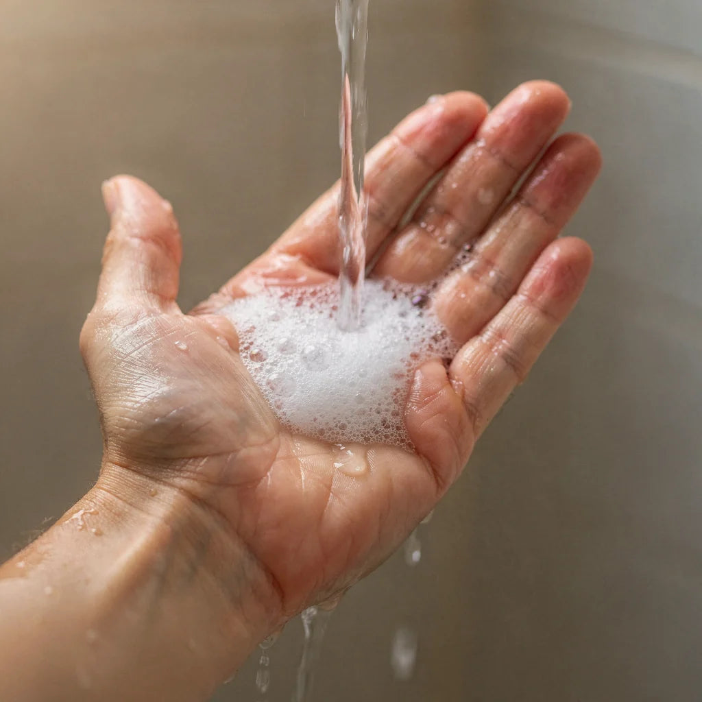 Foaming wash running over an open palm under a running tap