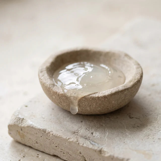 A clear pale gel in a rough stone dish, catching the light