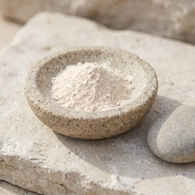 A fine pale concentrate powder in a rough stone dish on limestone