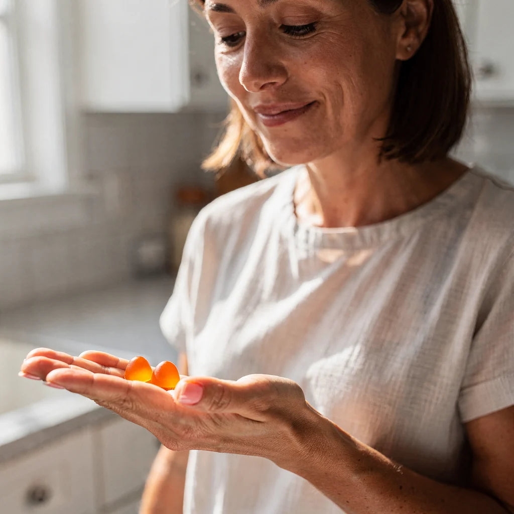 A woman at a kitchen counter holding two amber gummies in natural morning light