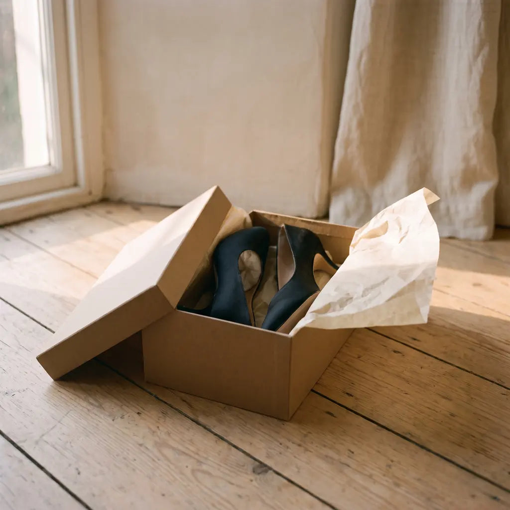 A pair of unworn evening shoes still in their open box on a bedroom floor