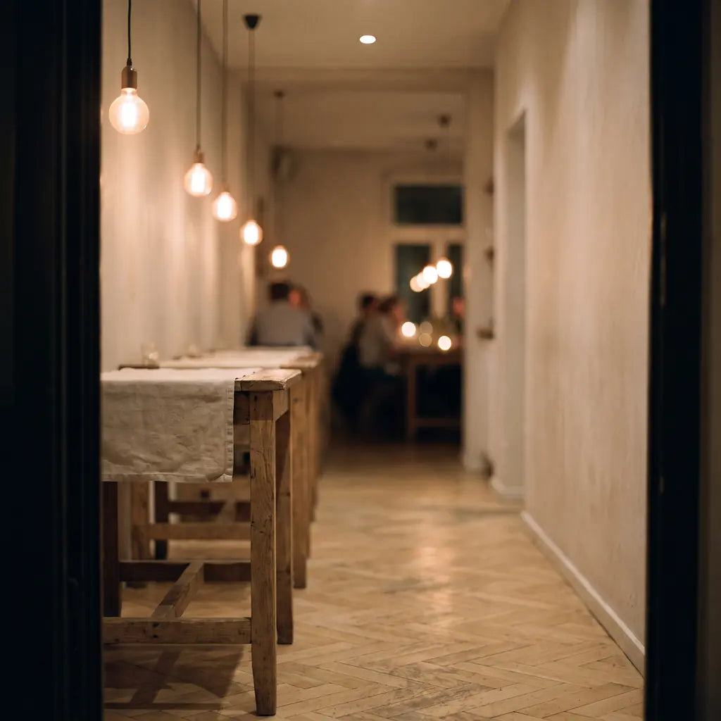 The view from a restaurant doorway down an empty stretch of floor toward the first table