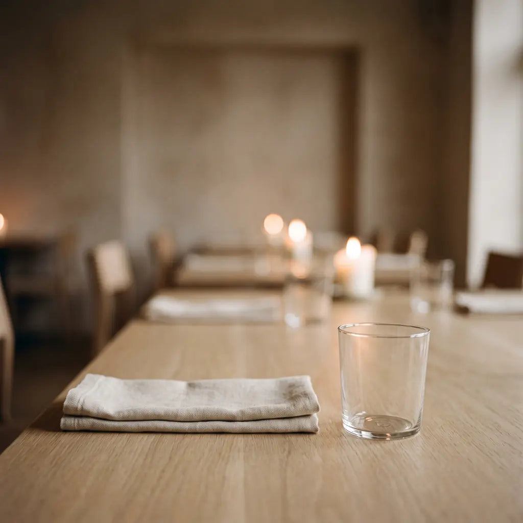 One untouched place setting at the end of a long table, the rest of the room out of focus