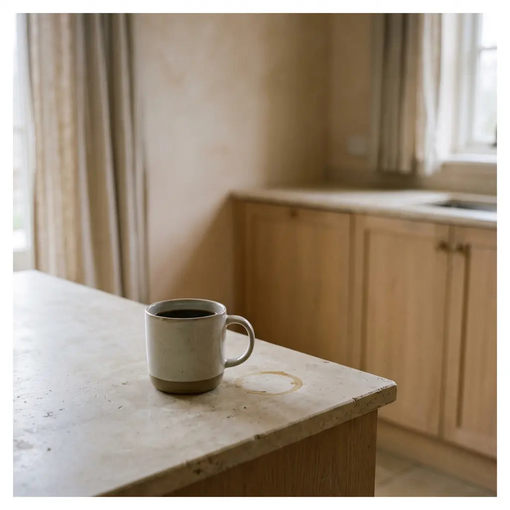A half finished mug of coffee gone cold on an empty kitchen counter in flat afternoon light