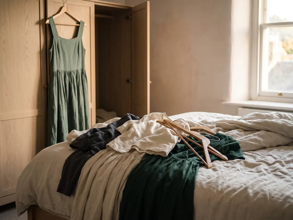 A pile of tops and dresses heaped on the end of an unmade bed, hangers tangled among them