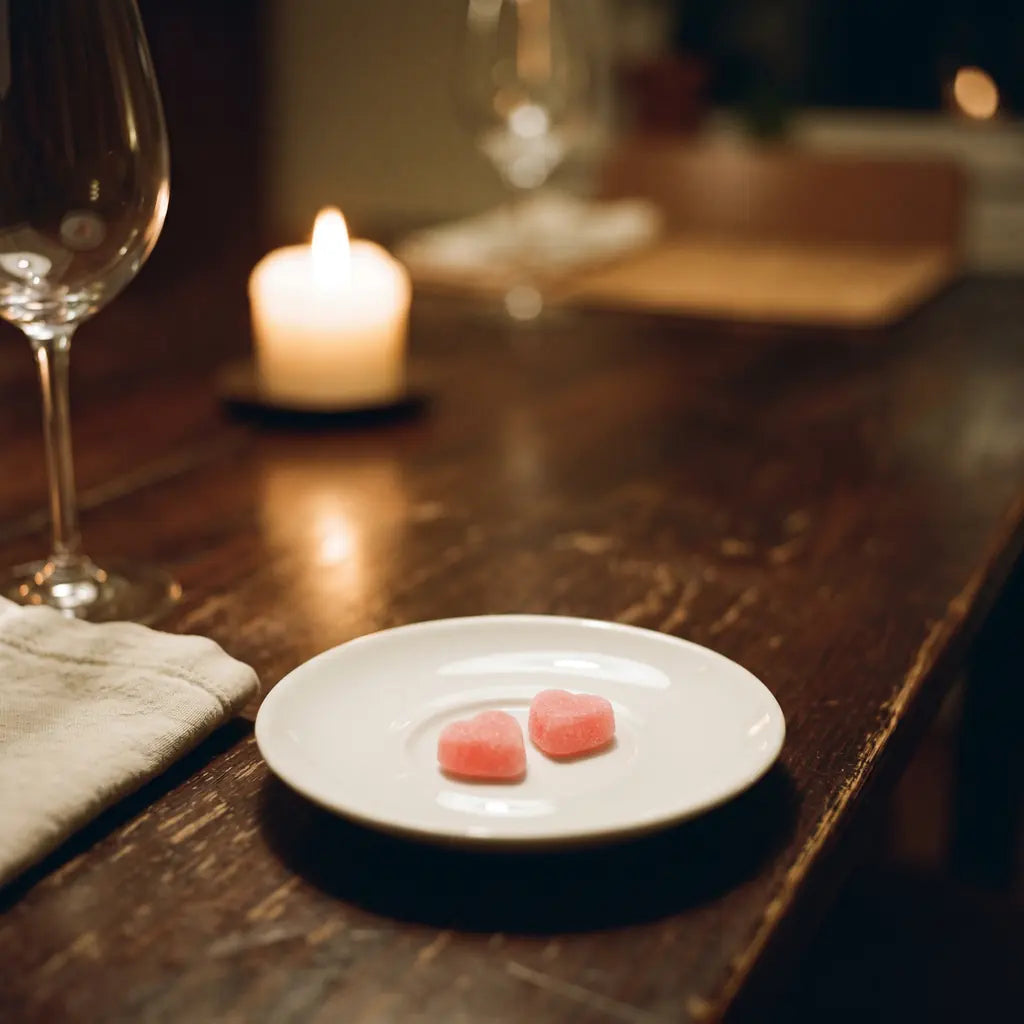 Two heart shaped gummies on a small dish beside a wine glass at a candlelit dinner table