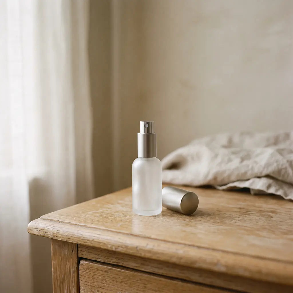 A plain frosted glass perfume atomiser on a dresser with its cap lying beside it