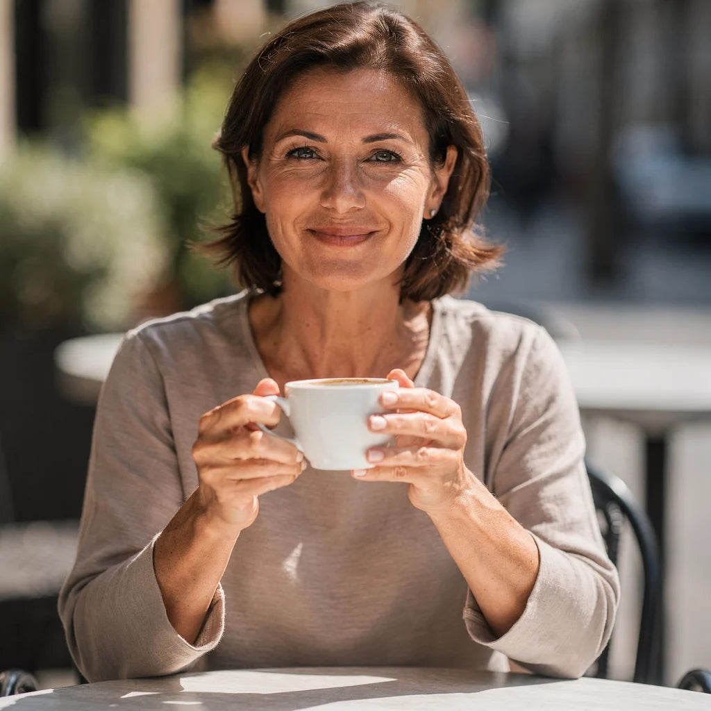 A woman sitting with a coffee at an outdoor cafe table on a bright day