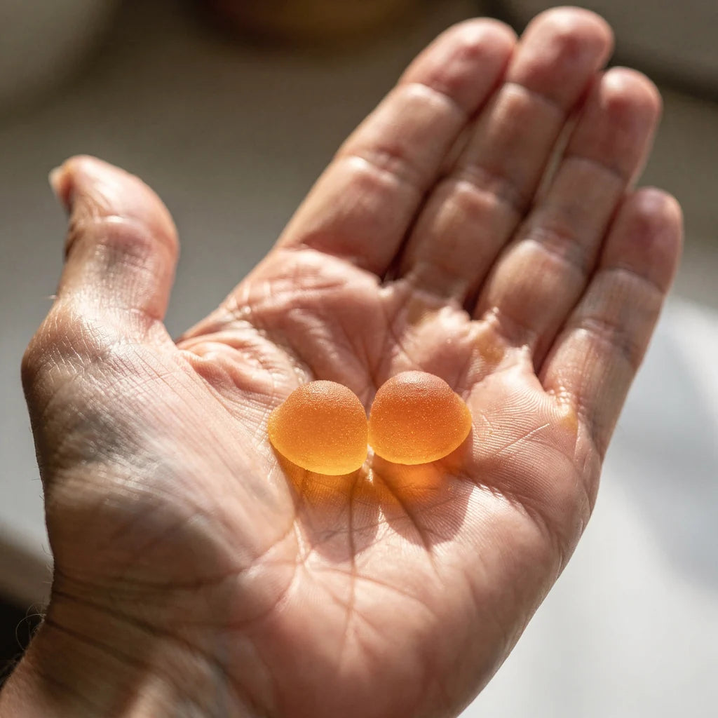 An open palm holding two amber gummies in morning light