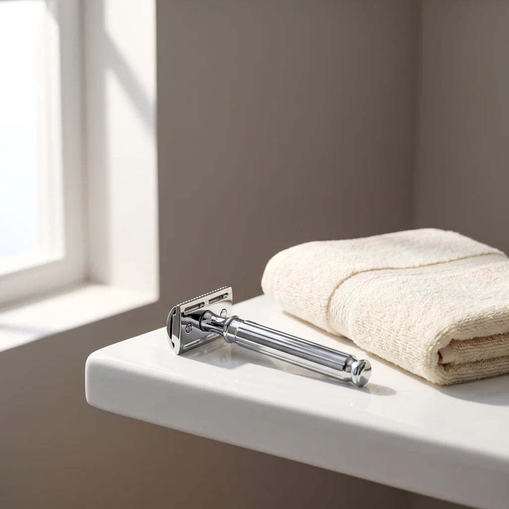 A safety razor resting on a white bathroom shelf beside a folded towel, morning light from the window